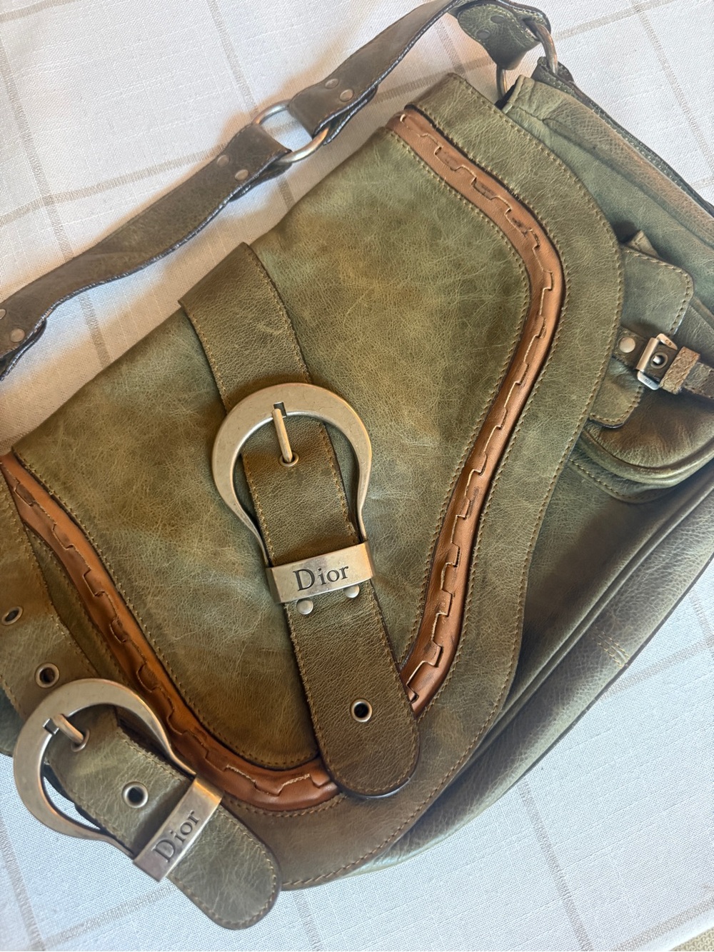 Christian Dior Gaucho Saddle Bag Olive Green Leather Galliano Vintage